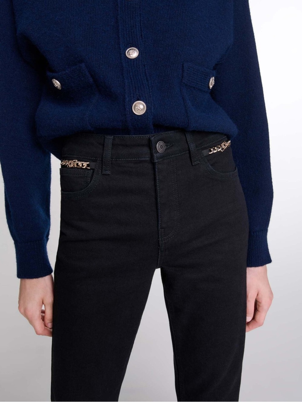 Maje Black High-Rise flare Jeans with Gold Chain Detail